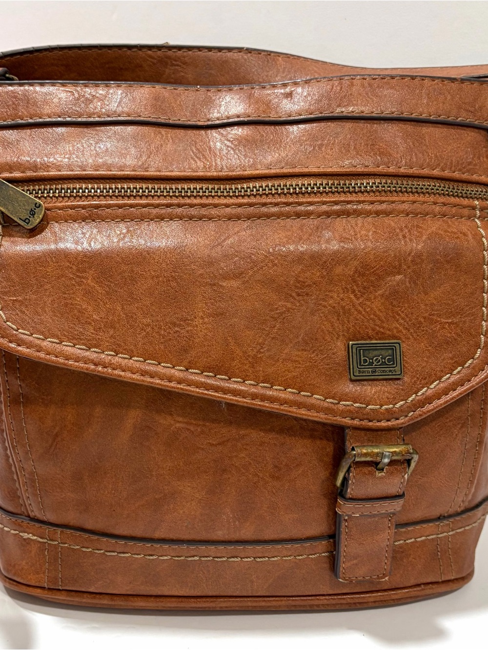b.ø.c Born Concept Brown Distressed Leather Crossbody Bag Purse